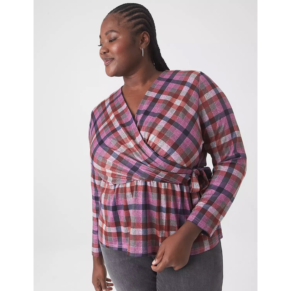 Lane Bryant Classic‎ Faux Wrap Plaid Top Sz 26/28 Peplum Long Sleeve Academia